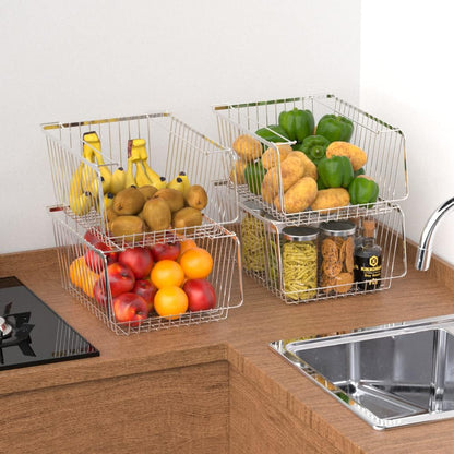 Wire Storage Basket Stackable Organizer Storage Baskets Bins Sturdy Metal Organization with Handles for Pantry, Kitchen, Closets, Bathroom, Cabinets, Kitchen, Set of 3