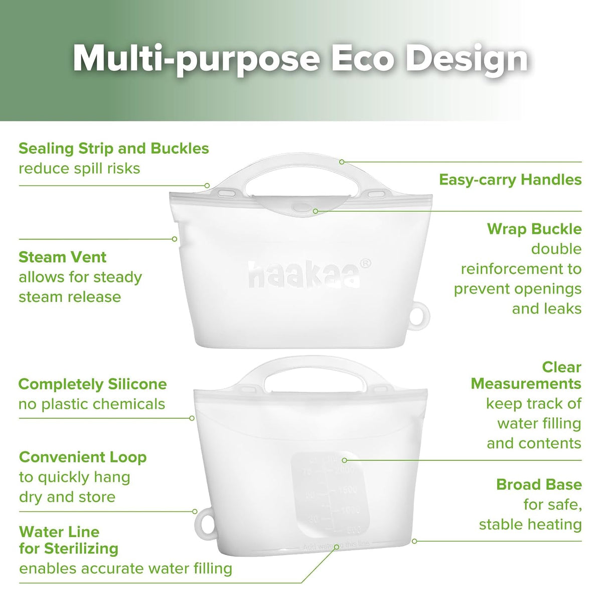 Haakaa Silicone Microwave Steamer & Steriliser Bag, 70oz/2000ml Large Capacity Reusable Steaming Bags for Baby Bottles, Breast Pump, Accessories, Pacifiers,Teethers, Great for Home&On The Go, Grey/1PC