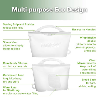 Haakaa Silicone Microwave Steamer & Steriliser Bag, 70oz/2000ml Large Capacity Reusable Steaming Bags for Baby Bottles, Breast Pump, Accessories, Pacifiers,Teethers, Great for Home&On The Go, Grey/1PC