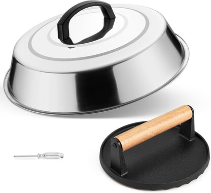 Leonyo Smash Burger Kit, 12" Basting Cover for Griddle, Round Cast Iron Bacon Press Cheese Melting Dome Lid BBQ Accessories for Outdoor Flat Top Grill, Kitchen Cooking