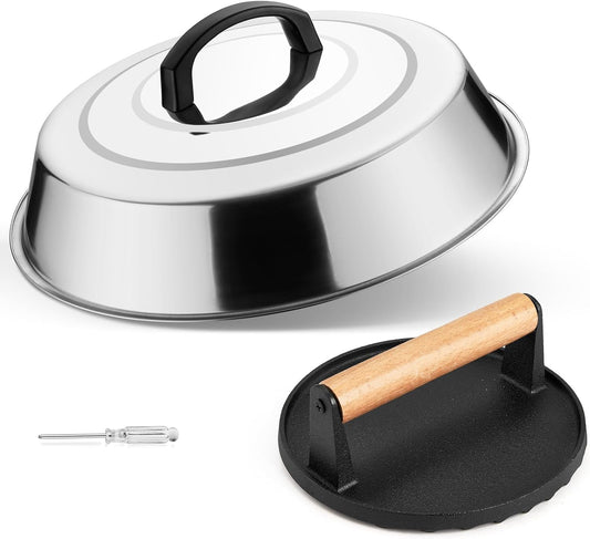 Leonyo Smash Burger Kit, 12" Basting Cover for Griddle, Round Cast Iron Bacon Press Cheese Melting Dome Lid BBQ Accessories for Outdoor Flat Top Grill, Kitchen Cooking