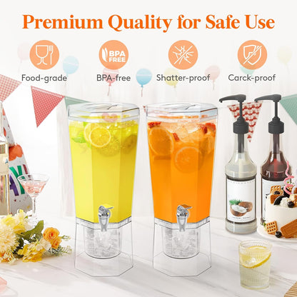 Lifewit 1 Gallon Drink Dispenser for Parties 2 Pcs, Plastic Beverage Container for Juice/Tea/Soda with Stand & Fruit Infuser, Clear Lemonade Dispenser with Leak-Proof Spigot, BPA Free Water Pitcher