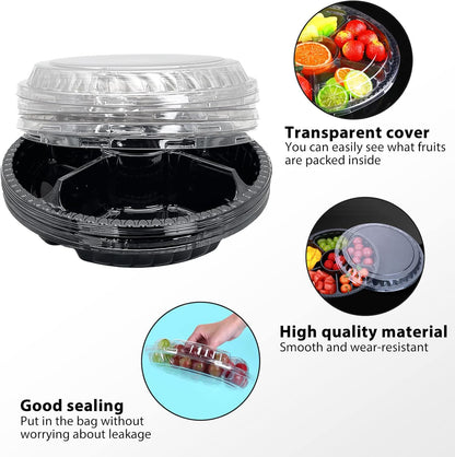 12Pcs Disposable Fruit Trays, Round Plastic Appetizer Serving Tray with Lid 5 Compartment Party Platters Divided Food Dip Containers for Snack Vegetable Salad Veggie Fruit Organizer-Black