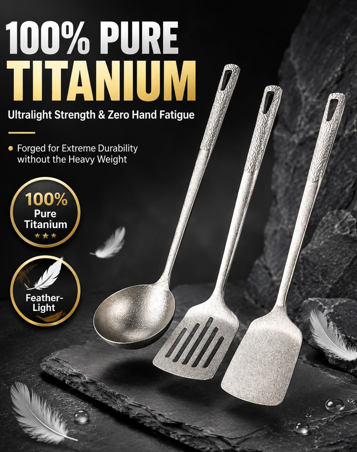 100% Pure Titanium Cooking Utensil & Spatula Set，3PCS