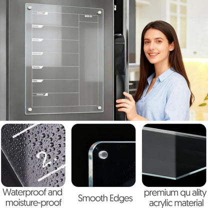 Acrylic Magnetic Dry Erase Calendar for Fridge Clear 37 * 27cm Vertical Weekly Meal Planner Menu Erasable Whiteboard Planning Board White 15" x 11" in/ 6 Color Wet Erase Marker