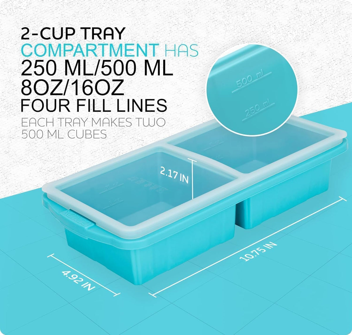 Silicone Freezer Tray With Lid-Soup Freezer Container molds-Large Ice Cube Tray Set Makes 1-Cup & 2-Cup portions cubes Perfect for preparing meals in different portion sizes Oven & Dishwasher -Safe