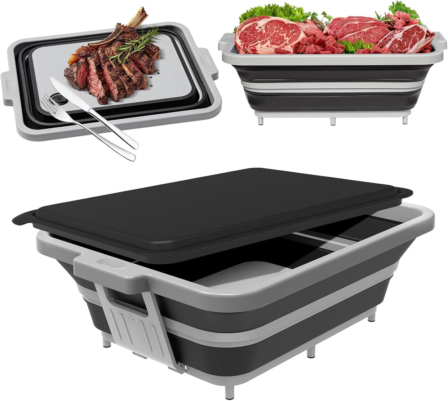 Collapsible BBQ Prep Tub with Locking Cutting Board Lid - 17.5" Meat Marinating Container & Brisket Prep Station, Space-Saving Portable Sink for Grilling, Camping & RV