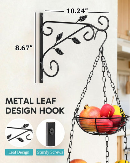 FANGSUN 3-Tier Hanging Fruit Basket for Kitchen Counter with Banana Hook, 36-Inch Heavy-Duty Wire Fruit Baskets with Leaf-Shaped Bracket for Kitchen Organizing Potato & Vegetable