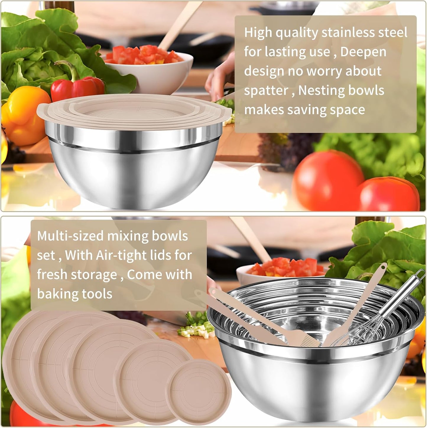 WEPSEN Mixing Bowls Set, 25PCS Stainless Steel Mixing Bowl with Lid Set, Large Nesting Bowls 7, 4.5, 3,2, 1.5QT, Measuring Cups and Spoons Baking Utensils Metal Bowl for Kitchen Prep