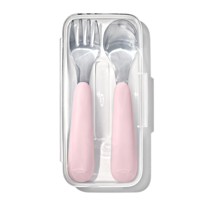 OXO Tot On-The-Go Fork and Spoon Set with Blossom and Dusk Travel Cases, Stainless Steel Utensils for Kids