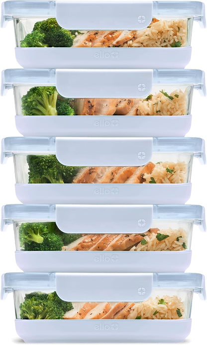 Ello Duraglass 3.4 Cup Meal Prep Sets 10Pc, 5 Pack Set- Glass Food Storage Container with Silicone Sleeve and Airtight BPA-Free Plastic Lids, Dishwasher, Microwave, and Freezer Safe, Olive Tree