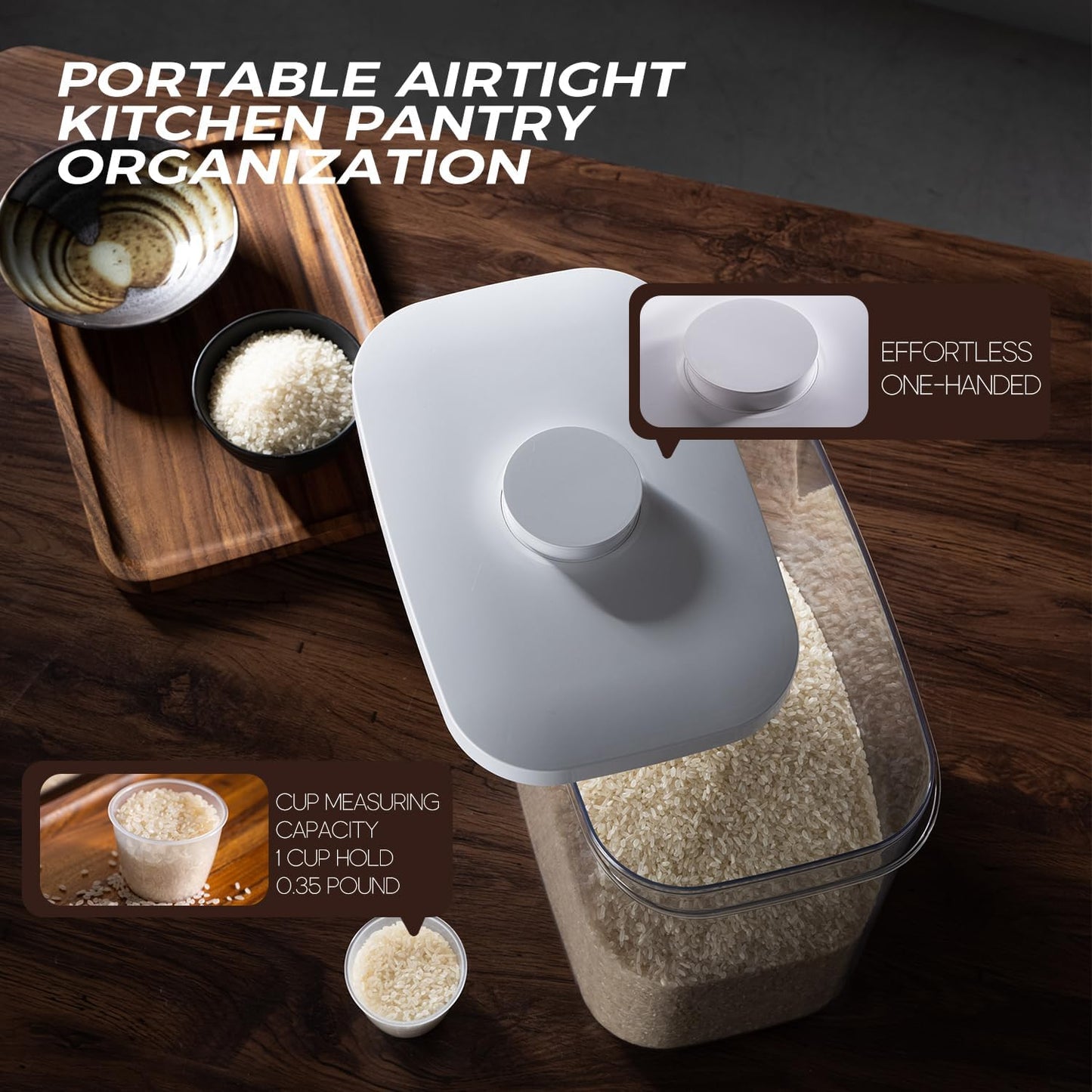 Rice Container - 25 Lbs/12KG/12L Rice Dispenser Storage with Measuring Cup Food Cereal Container Bins Pet Food Container Household for Kitchen Pantry Organization,White