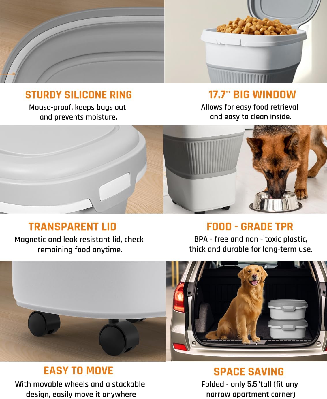 HOYTAMDAR 35lbs Dog Food Storage Container, Collapsible Dog Food Container, Wheels, Handle, Airtight Pet Food Storage Container, Scoop, 2L Small Dry Food Pail For Dog Cat Bird Food