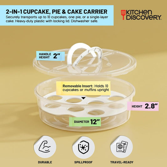 Kitchen Discovery Cupcake Carrier and Muffin Container Pie, Cake, and Cupcake Carrier with Lid and Handle for Safe Transport and Fresh Storage of a Variety of Desserts