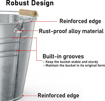 4 Gallon Galvanized Ice Bucket - Large Metal Beverage Tub with Wood Handles - Rustproof Drink Cooler for Beer Wine Champagne Party Wedding BBQ Mimosa Bar - 13" x 13" x 12"