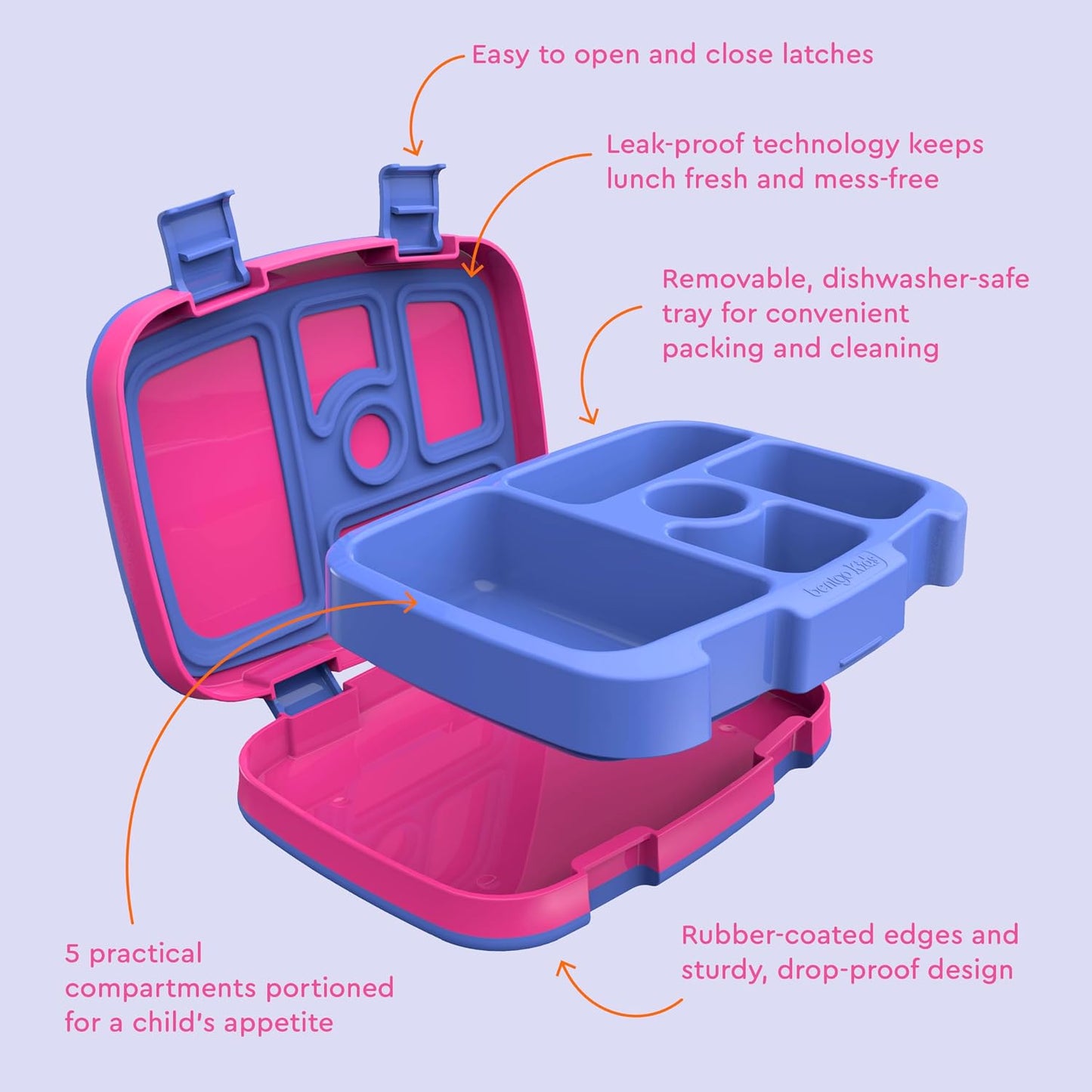 Bentgo Kids Bento-Style 5-Compartment Leak-Proof Lunch Box - Ideal Portion Sizes for Ages 3 to 7 - Durable, Drop-Proof, Dishwasher Safe, PFAS & BPA-Free & Made with Food-Safe Materials (Purple)