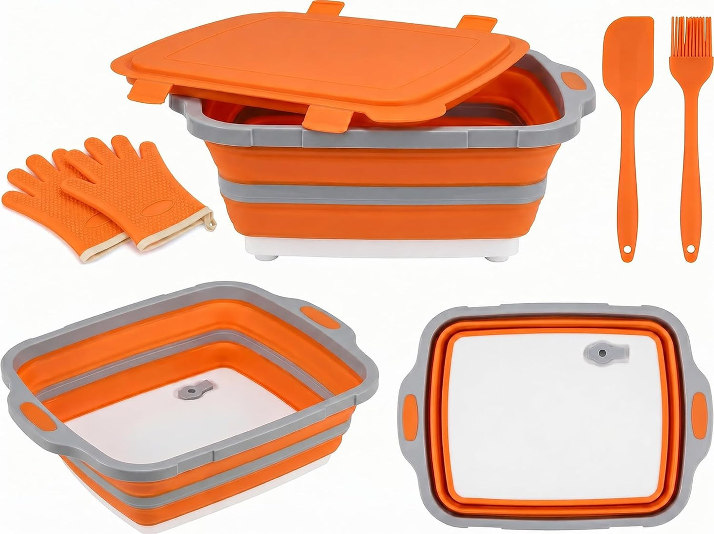 Collapsible BBQ Prep Tub with Lid & Cutting Board 8L - Meat Marinating Basin & Grill Carry System - 5pc Set with Heat Resistant Gloves, Basting Brush & Spatula(Black, Large, 8L)