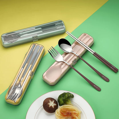 DEVICO Portable Utensils, Travel Reusable Silverware Flatware Set for Lunch, 18/8 Stainless Steel 4-Piece Camping Cutlery Include Fork Spoon Chopsticks with Case (Green)