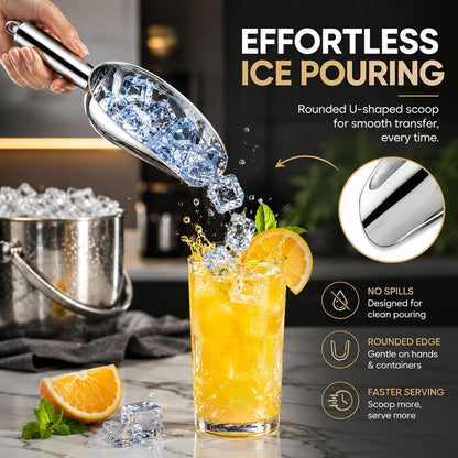 JBscoop Stainless Steel Scoop for ice, 9.6 Inch Metal Food Scoop Kitchen Bar Party Wedding Heavy Duty Dishwasher Safe - 8 Oz