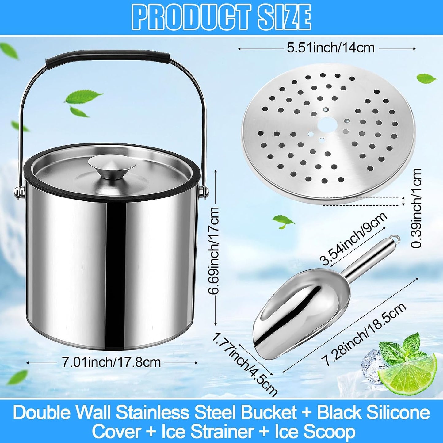 meekoo 4 L Double Wall Insulated Ice Bucket with Lid, Scoop, Strainer, Handle Large Stainless Steel Wine Ice Bucket Upgraded Cover Keep Frozen Longer for Cocktail Bar Parties(Silver)