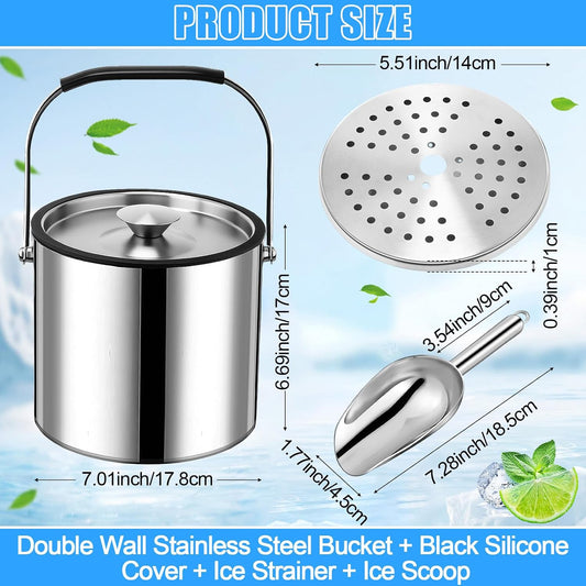meekoo 4 L Double Wall Insulated Ice Bucket with Lid, Scoop, Strainer, Handle Large Stainless Steel Wine Ice Bucket Upgraded Cover Keep Frozen Longer for Cocktail Bar Parties(Silver)
