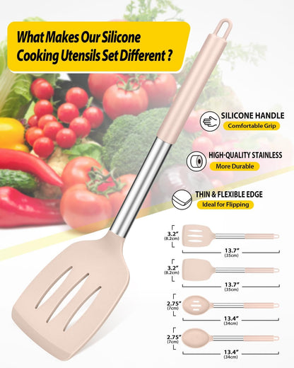 Pack of 4 Silicone Cooking Utensils Set, Non Stick Large Solid Spatulas, Heat Resistant Black Slotted Spoons, Ideal BPA Free Kitchen Turners for Frying, Mixing,Serving,Draining,Turning,Stirring