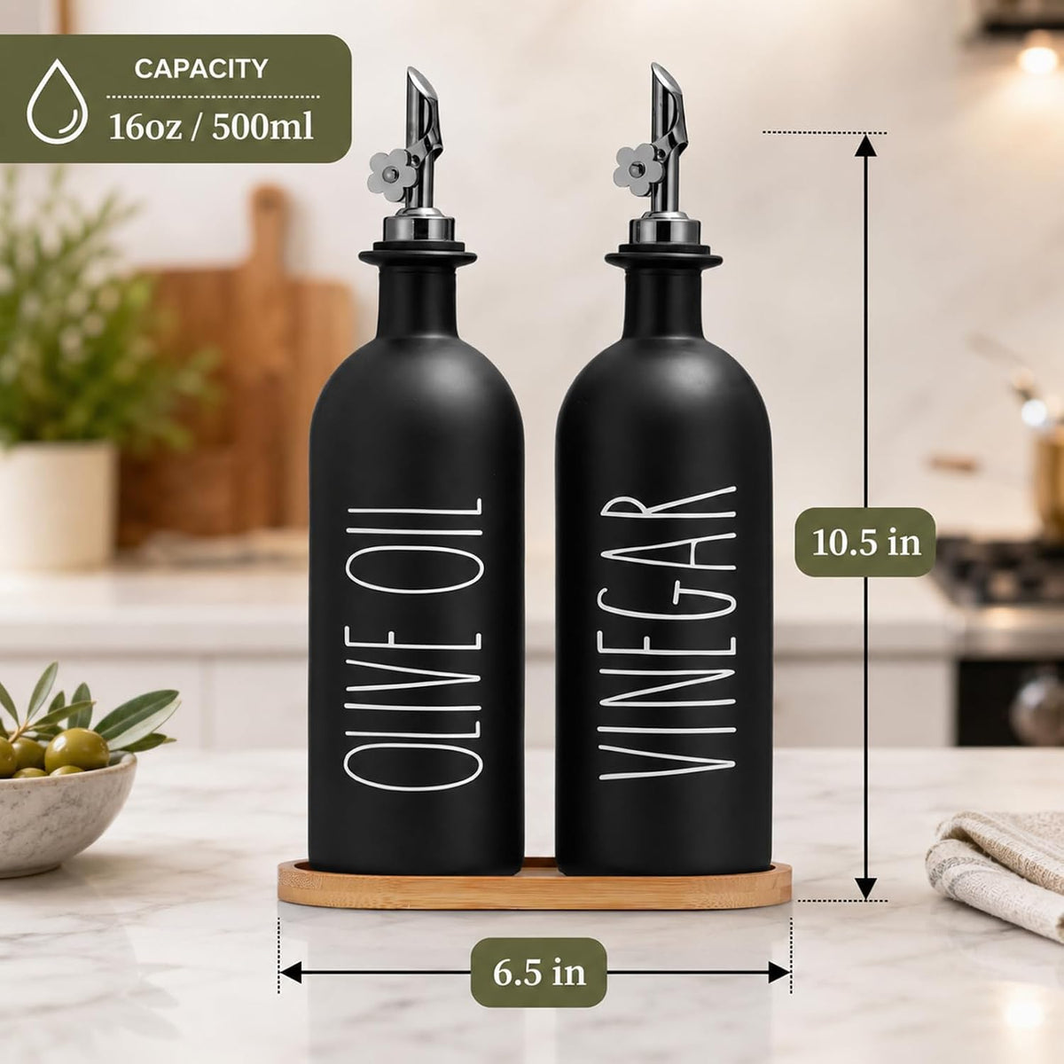 HOMCDALY Premium Olive Oil Dispenser for Kitchen, 11.8oz Glass Oil Bottles with Bamboo Tray, White Oil&Vinegar Cruet Set, Kitchen Dispenser Bottles with Pourer| Set of 2 (11.8oz –P–White)