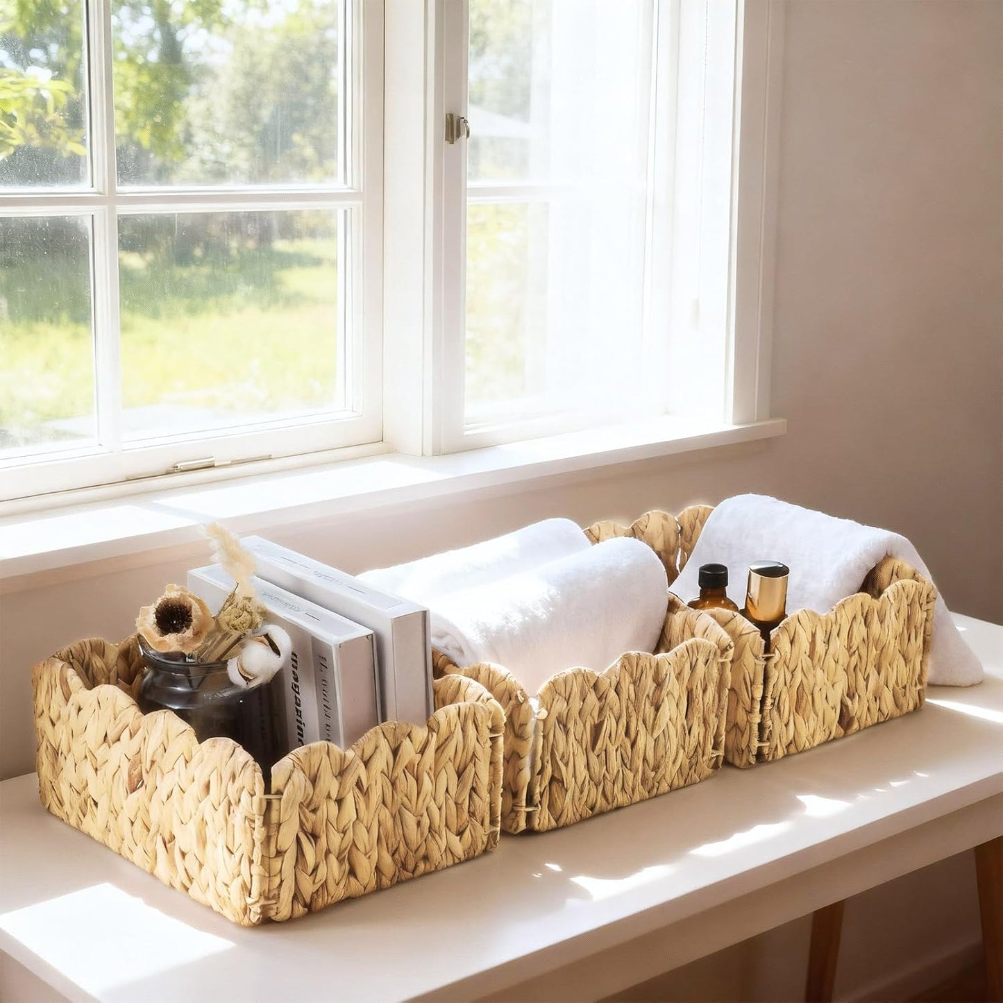 Potchen 6 Pcs 12 x 9 x 5 Inch Scalloped Water Hyacinth Storage Baskets, Rectangular Wicker Storage Baskets for Shelving, Natural Foldable Woven Pantry Organizer for Organizing