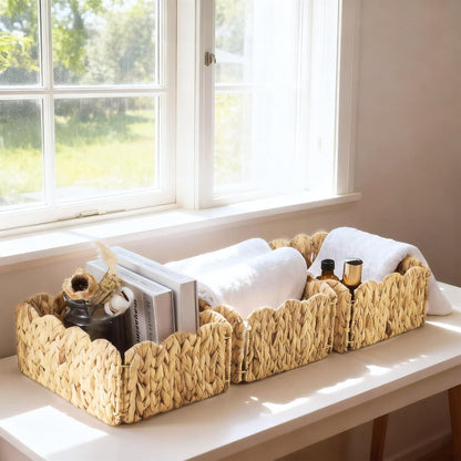 Potchen 6 Pcs 12 x 9 x 5 Inch Scalloped Water Hyacinth Storage Baskets, Rectangular Wicker Storage Baskets for Shelving, Natural Foldable Woven Pantry Organizer for Organizing