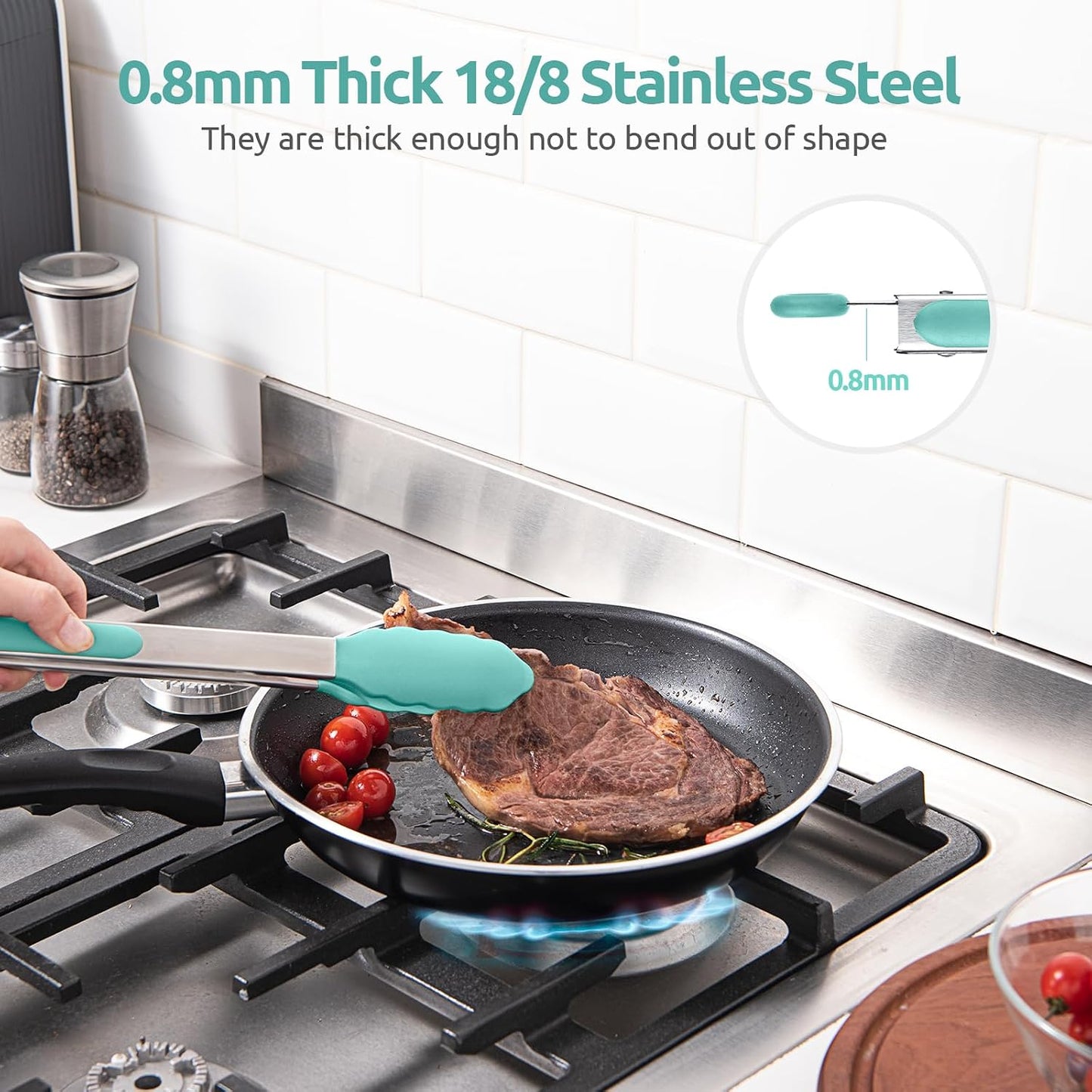 600ºF Heat Resistant Kitchen Tongs: U-Taste 9 inch Silicone Cooking Tong with Firm Sealed Non Stick Rubber Tips & Silicon Coated 18/8 Stainless Steel Handle & Smooth Locking for Serving Salad (Black)