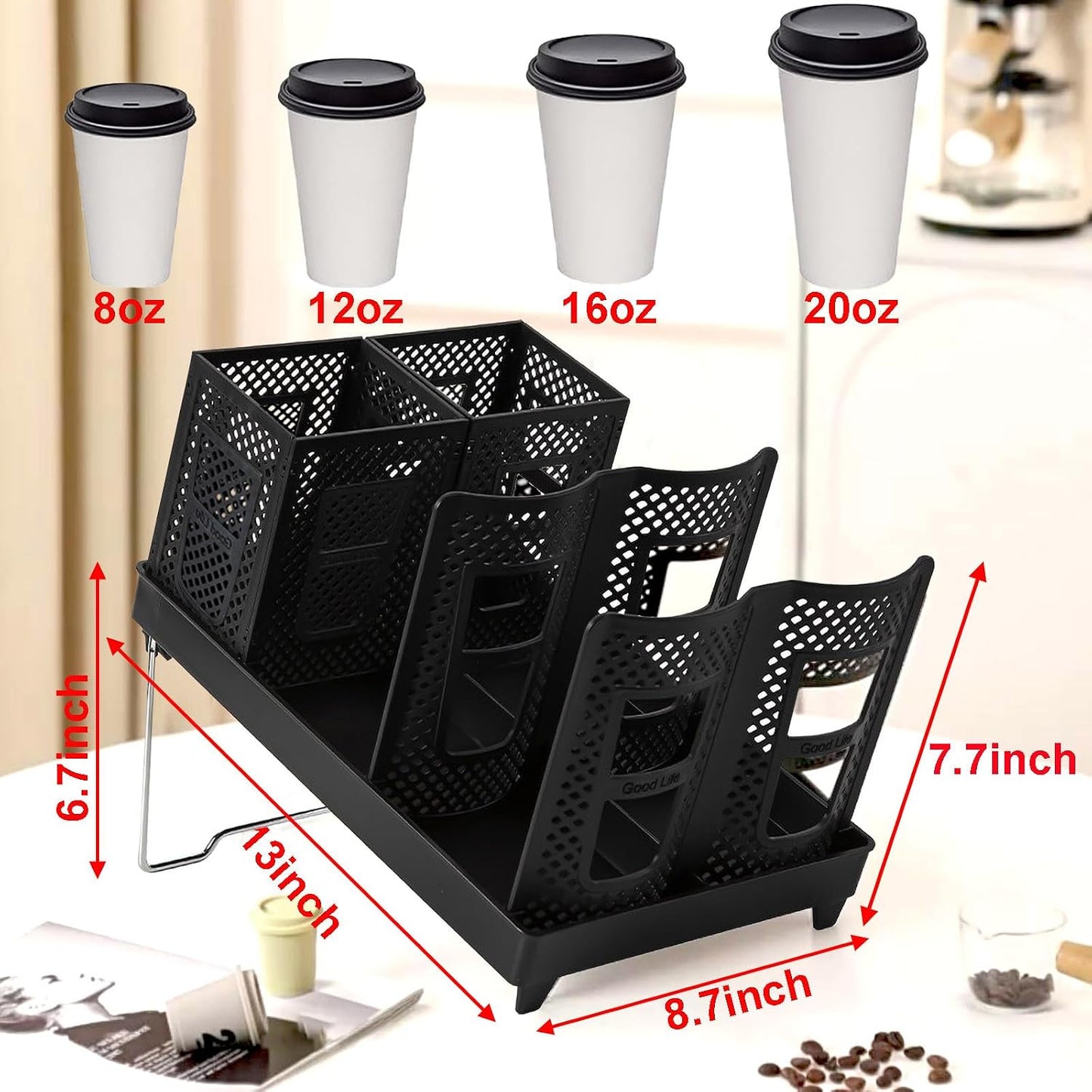 Cup and Lid Holder with Straw Organizer, 8-20oz Paper Cup Dispenser Unbreakable 2-in-1 Adjustable Disposable Paper Cup Holder for Countertop Coffee Station Home Office Bar