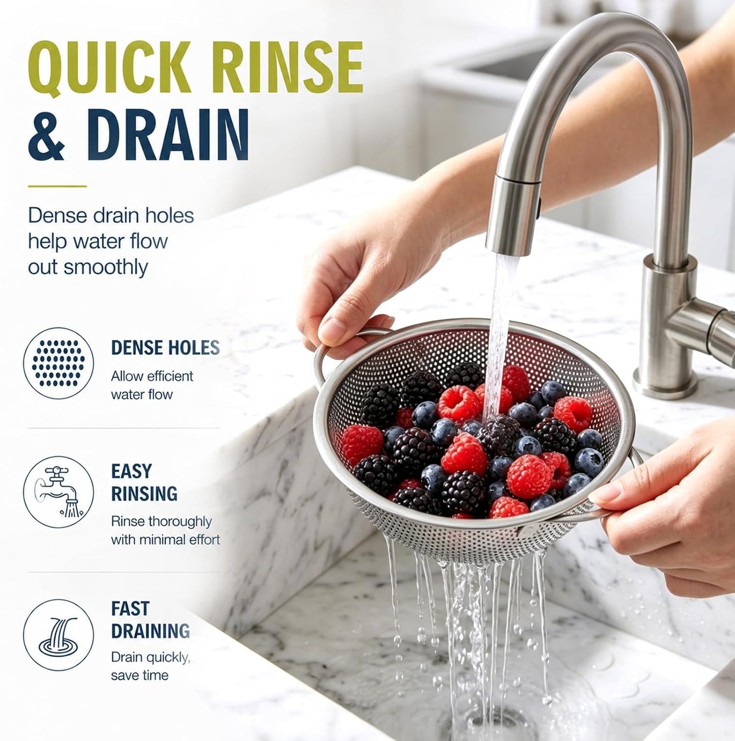 Palksky Stainless Steel Colander Set with Self-Draining Base, 3 Sizes Colanders & Food Strainers for Pasta, Rice, Fruits & Veggies, Metal Colander with Draining Plate for Sink or Countertop
