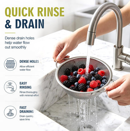 Palksky Stainless Steel Colander Set with Self-Draining Base, 3 Sizes Colanders & Food Strainers for Pasta, Rice, Fruits & Veggies, Metal Colander with Draining Plate for Sink or Countertop