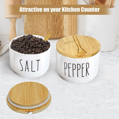 Farmhouse Salt And Pepper Containers,Salt Containers For Countertop,Stacked Ceramic Cellar With Bamboo Lid, Spice Box With Spoon,Seasoning Holder with lid,Ceramic Bowls (B&W H)