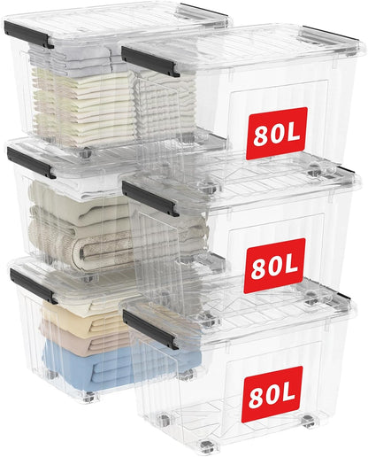 Cetomo 60Qt*6 Plastic Storage Bins, Storage Box, 6 Pack, Organizing Container with Wheels, Durable Lids and Secure Latching Buckles, Stackable and Nestable, Clear with Black Buckle