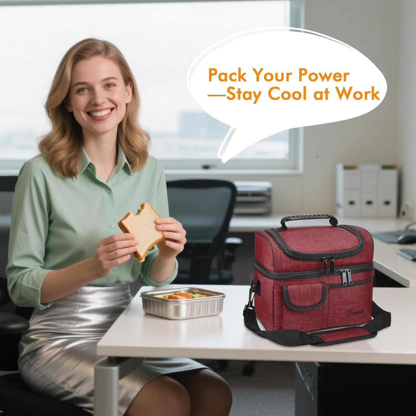 Tirrinia Reusable Lunch Box for Men Women, Insulated Lunch Bag Adult Work, Double Decker Leakproof Lunchbox for Office Picnic Beach—Dual Compartment Lunch Cooler Bag