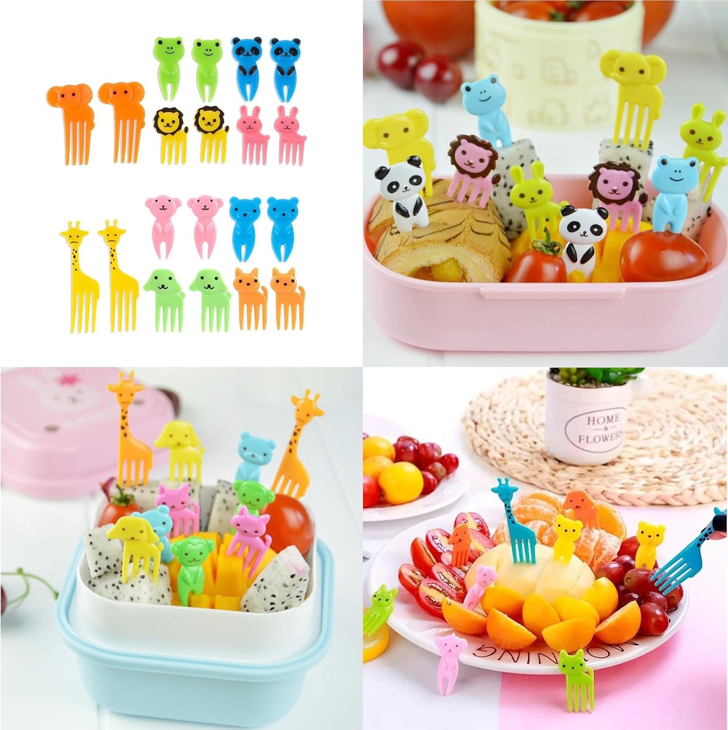 44 Pcs Silicone Lunch Box Dividers Set, Includes 24 Reusable Silicone Round Baking Cups and 20 Cute Animal Food Picks, Non-stick Muffin Cupcake Liners for Party