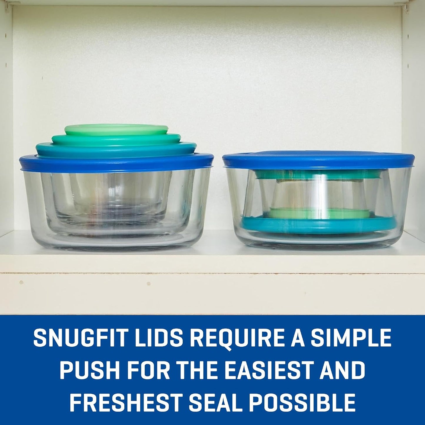 Anchor Hocking 12 Piece Glass Storage Containers with Lids (6 Glass Food Storage Containers & 6 Navy Blue SnugFit Lids)