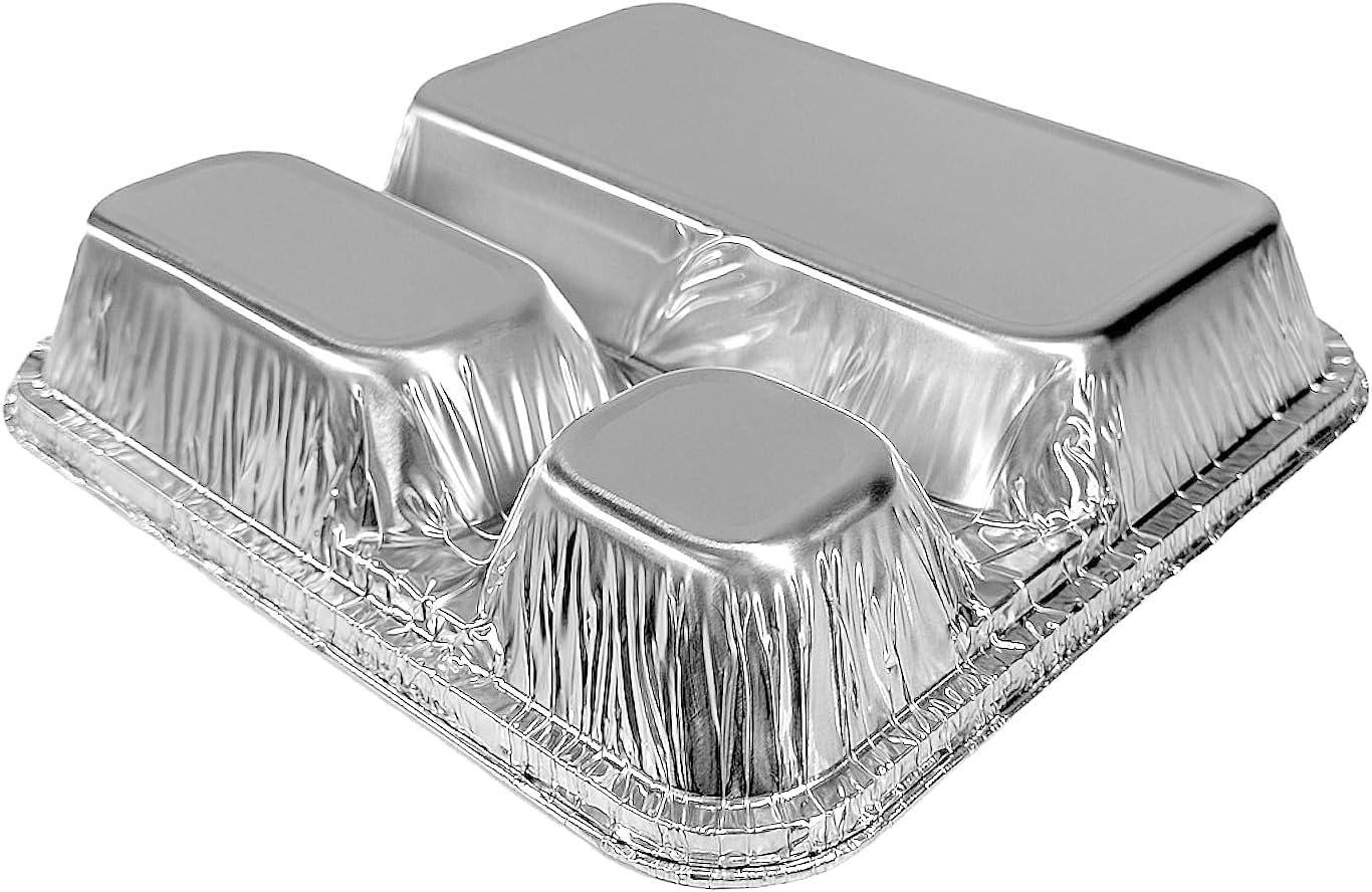 PACTOGO Large 3-Compartment Oblong Aluminum Foil Take-Out Pan Senior Feeding TV Dinner Entrée Tray w/Board Lid (Pack of 10 Sets)