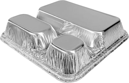 PACTOGO Large 3-Compartment Oblong Aluminum Foil Take-Out Pan Senior Feeding TV Dinner Entrée Tray w/Board Lid (Pack of 10 Sets)