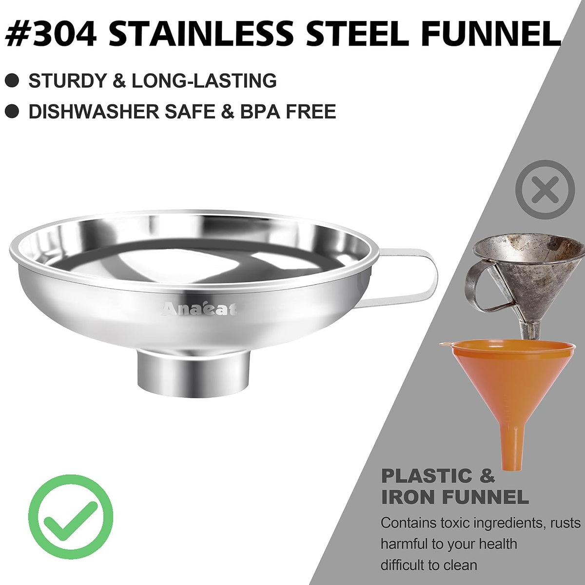 Anaeat Stainless Steel Mini Kitchen Funnel Set, Durable Metal Filling Funnels for Transferring Liquid, Dry ingredients, Cosmetic Lotion, Fluid, Spices, Powder - Food-Grade & High Heat Resistant