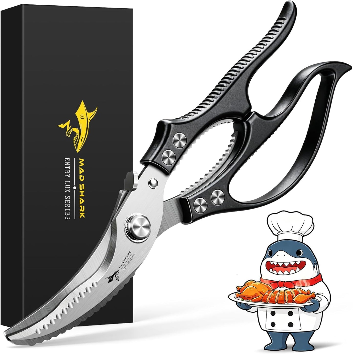 MAD SHARK Heavy Duty Poultry Shears, Kitchen Shears with Non-Slip Handle & Safety Lock, All Purpose Kitchen Scissors for Chicken, Meat Cutting, Turkey, Fish, Vegetables, Spring Loaded, Dishwasher Safe