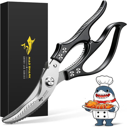 MAD SHARK Heavy Duty Poultry Shears, Kitchen Shears with Non-Slip Handle & Safety Lock, All Purpose Kitchen Scissors for Chicken, Meat Cutting, Turkey, Fish, Vegetables, Spring Loaded, Dishwasher Safe