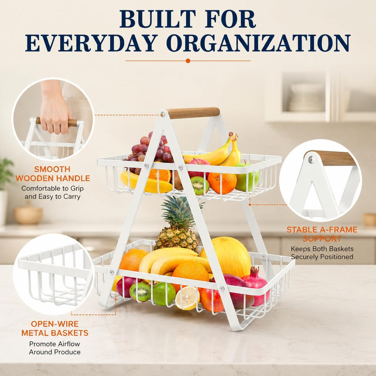 mahueeol 2-Tier Metal Fruit Basket for Kitchen Counter with Wooden Handle | Detachable rectangular baskets hold fruits, vegetables, bread and snacks; use stacked or separately in kitchens and pantries