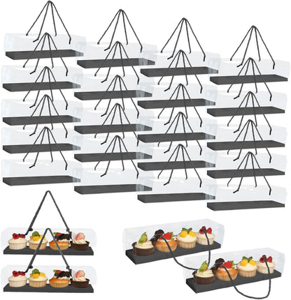 Clear Cupcake Boxes with Handle, 24 Pcs 4 Bakery Cake Boxes, Rectangular Cupcake Containers, Transparent Treat Boxes, Gift Boxes for Wedding Party, Dessert Packaging,12 x 3 x 3 Inch (Gold)