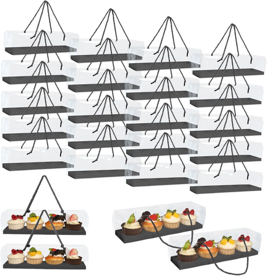 Clear Cupcake Boxes with Handle, 24 Pcs 4 Bakery Cake Boxes, Rectangular Cupcake Containers, Transparent Treat Boxes, Gift Boxes for Wedding Party, Dessert Packaging,12 x 3 x 3 Inch (Gold)