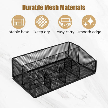 DysanVica Paper Plate Organizer for Countertop - Metal Silverware Caddy with 6 Compartments for Paper Plate Cup Napkin Utensil Holder Caddy for Party Camping Picnic Black