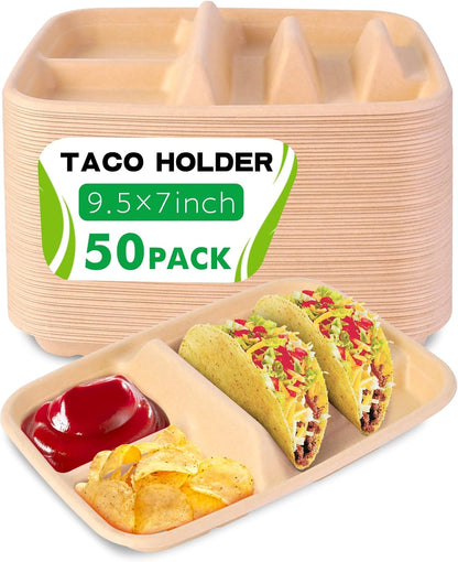 tchrules 50pcs Taco Plates Disposable for 2 Tacos & 2 Sides, Premium Paper Taco Holders for Tacos Tuesday Bar Serving Set, Decorations Supplies (50)