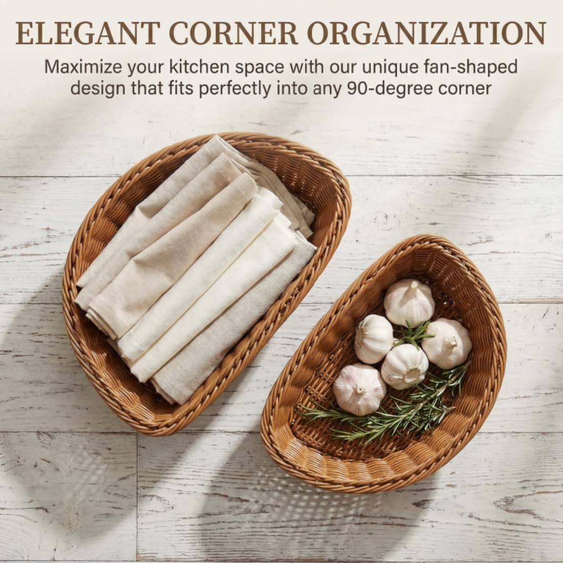 Corner Basket Storage, Triangle Baskets for Corner Shelf, Woven Imitation Rattan Stackable Organizer for Pantry, Kitchen, Bathroom and Closet, Coffee (2Pcs)