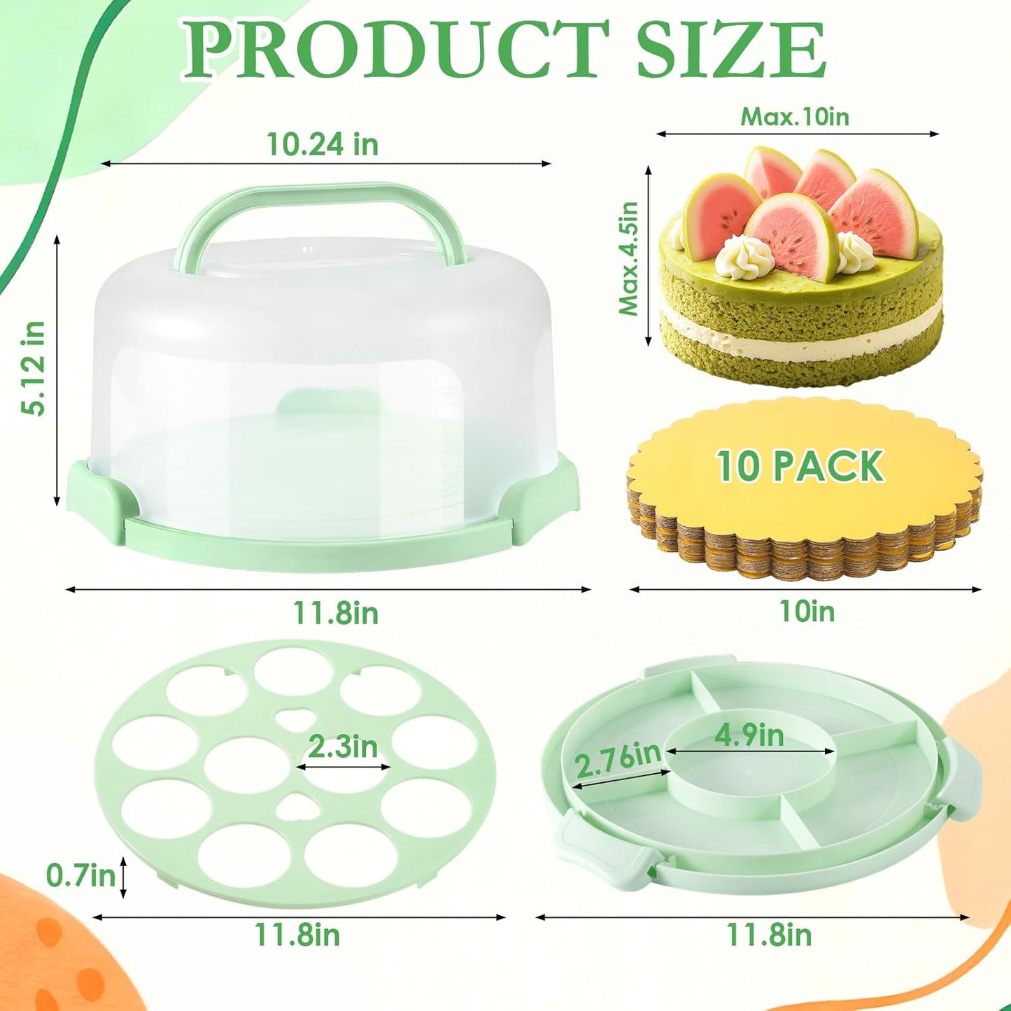 10 Inch Cake Carrier with Lid and Handle, Round Cake Container Cake Cover with 10 Inch Cake Boards & Cupcake Carrier, Portable Cake Holder with Lid for Transport Pie Nuts Fruit, Green